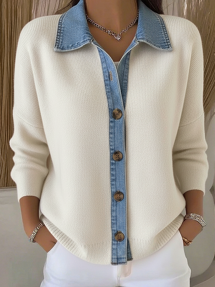 Knit Cardigan with Polo Collar and Denim Patches, with Buttons