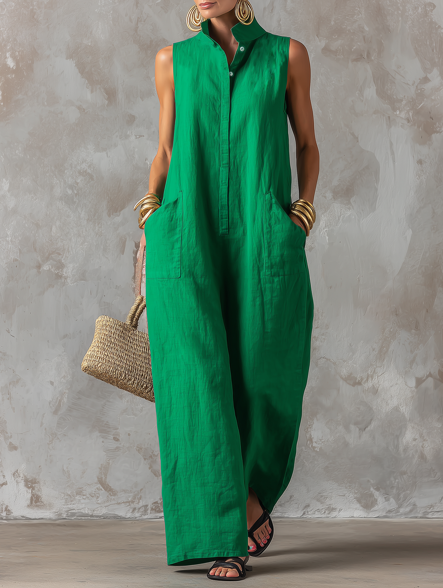 Women's Minimalist Linen Jumpsuit — High Neck, Sleeveless, Single Buttons