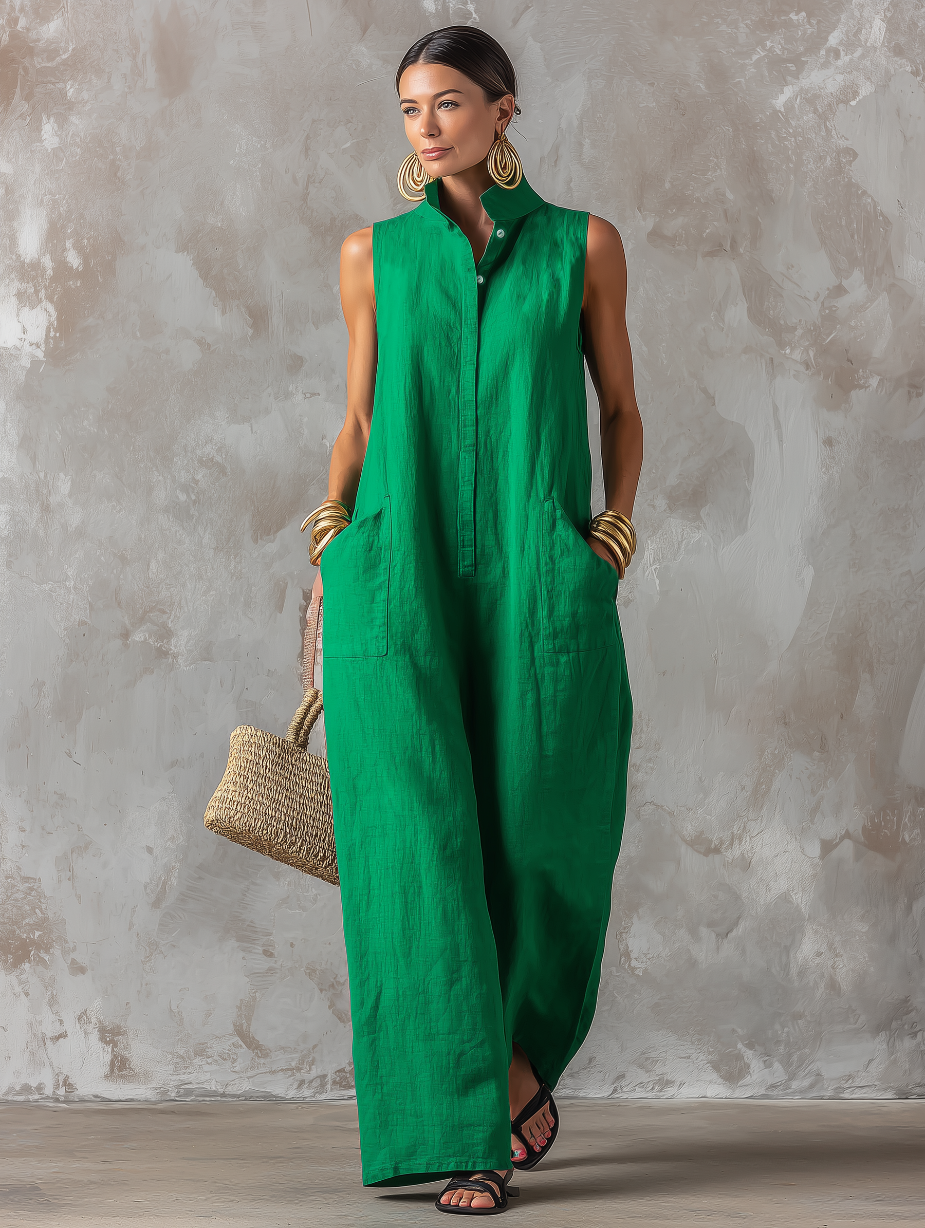 Women's Minimalist Linen Jumpsuit — High Neck, Sleeveless, Single Buttons