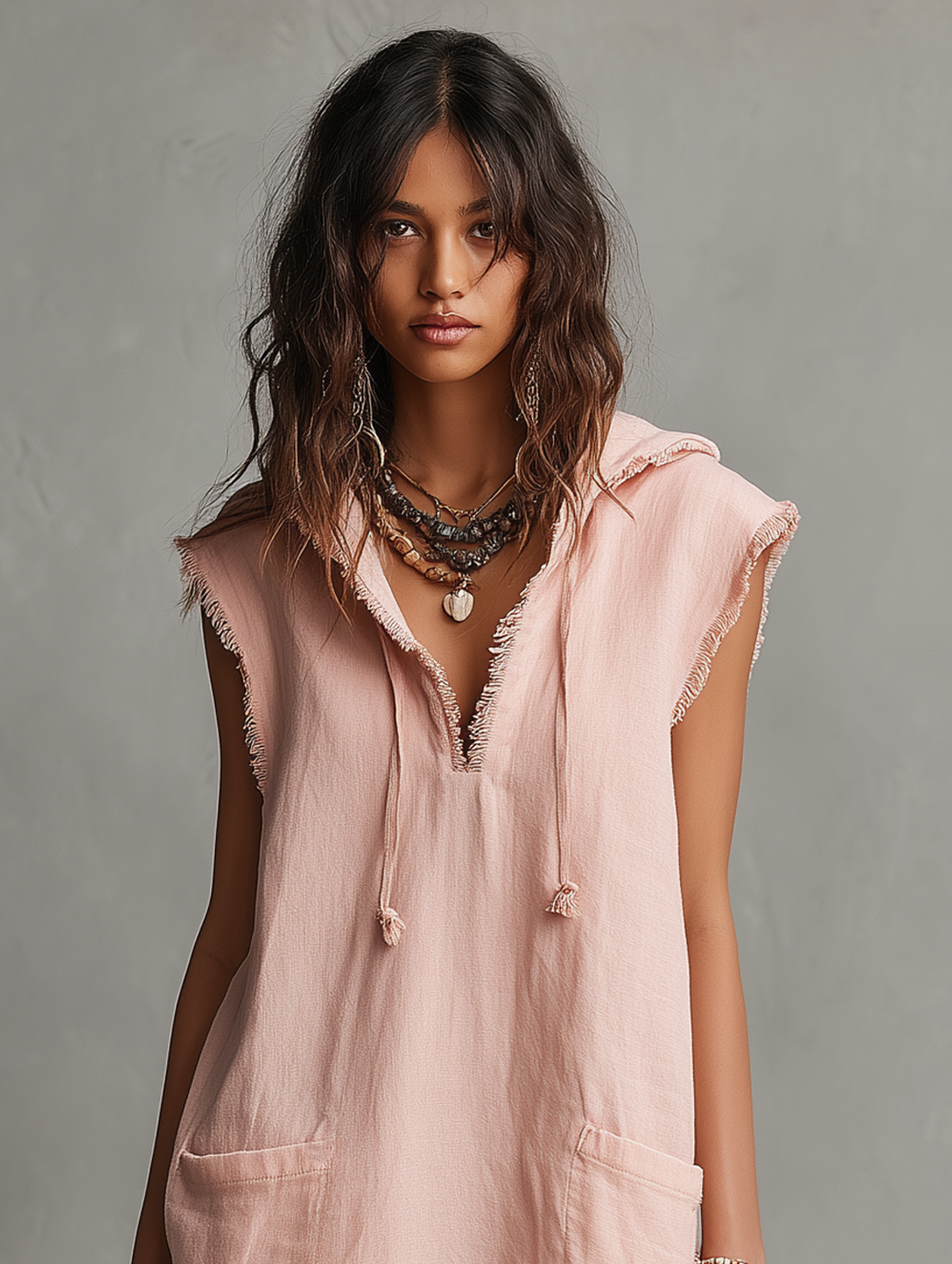Minimalist Mini Linen Blend Dress for Women — With Hood, Sleeveless, Raw Hem