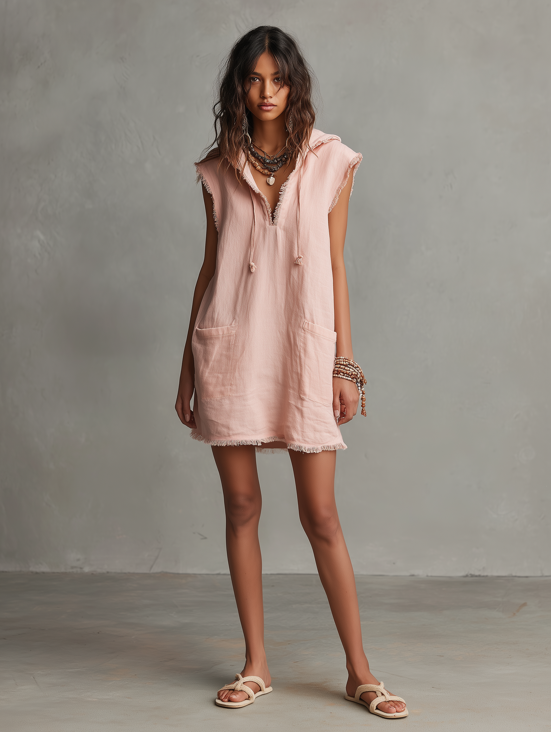 Minimalist Mini Linen Blend Dress for Women — With Hood, Sleeveless, Raw Hem