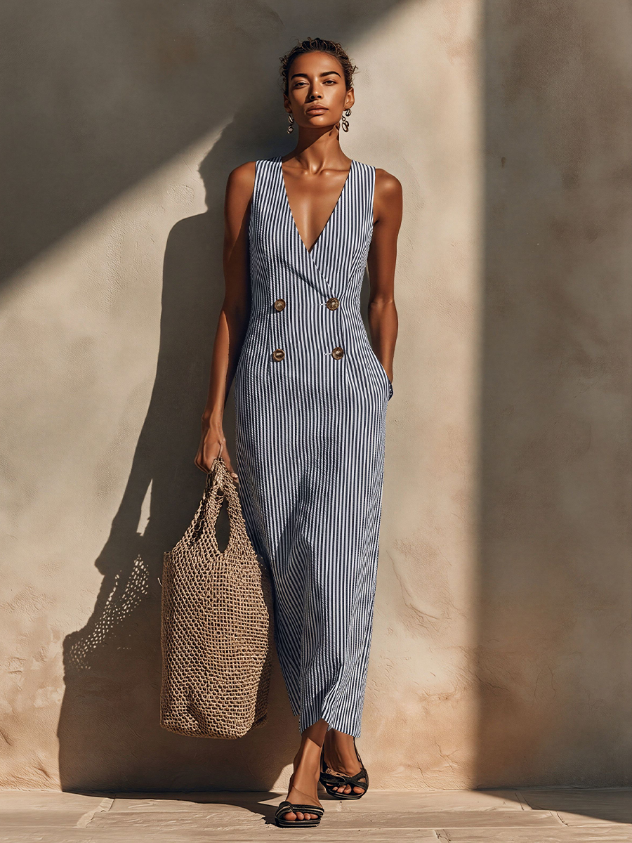 Blue-White Striped Maxi Cotton Dress for Women with Blazer Style and Double-Breasted Design, Timeless Casual Nautical Dress
