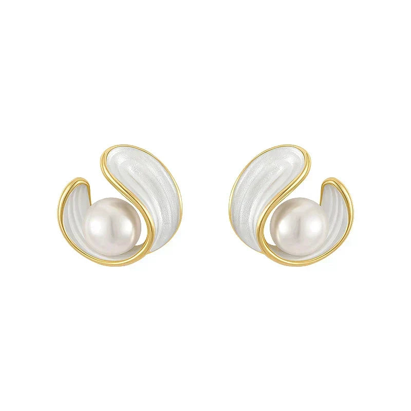 Gold Pearl and White Enamel Stud Earrings