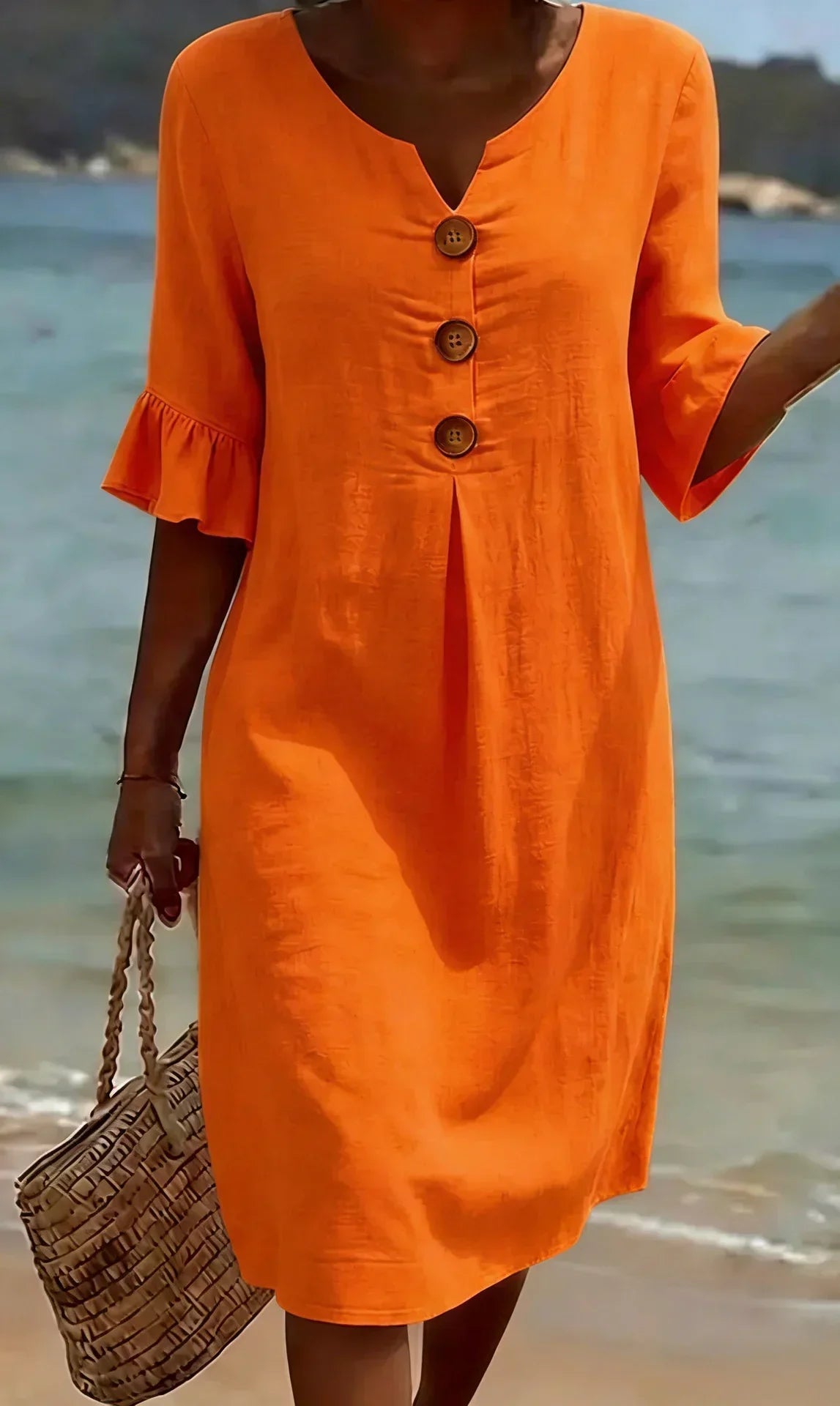Vanesa | Linen dress with texture, puff sleeves, and buttons