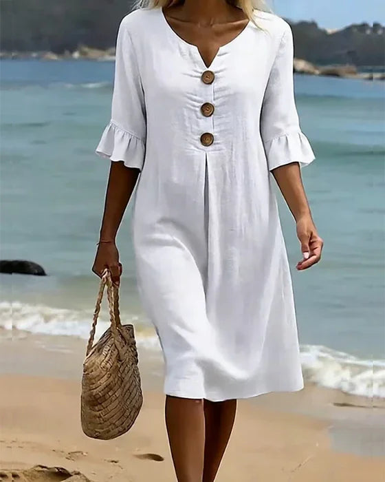 Vanesa | Linen dress with texture, puff sleeves, and buttons