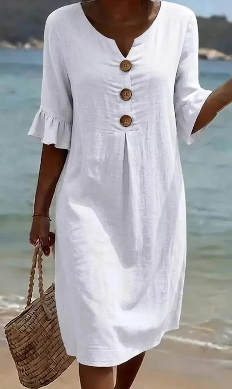 Vanesa | Linen dress with texture, puff sleeves, and buttons