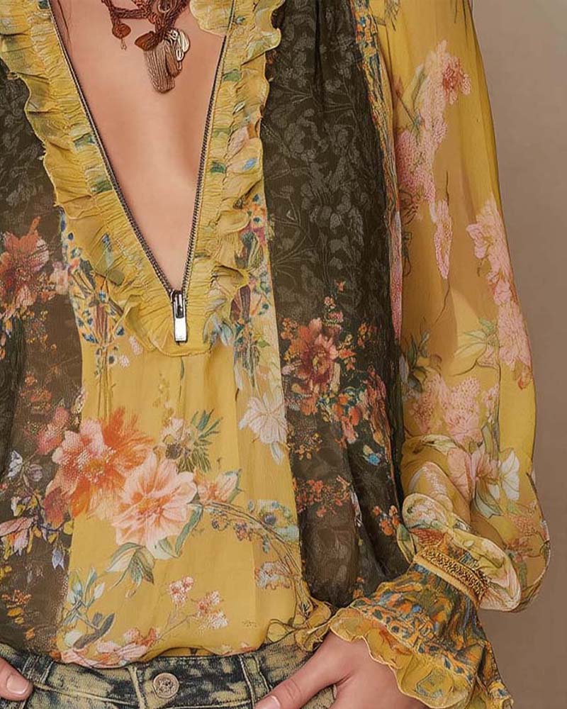 LILLIAN – ROMANTIC FLOWER BLOUSE WITH ZIPPER