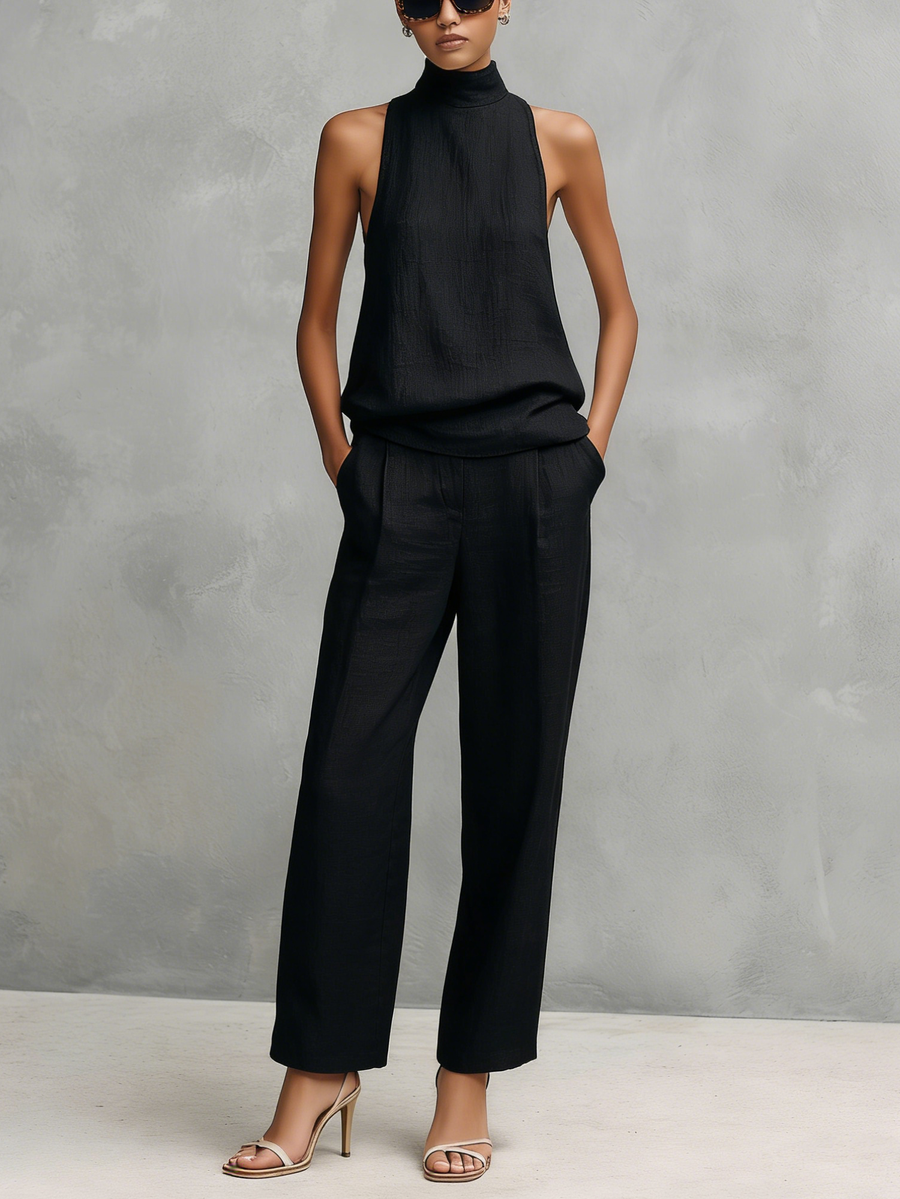 Women's Black Cotton and Linen Elegant Sleeveless Top and Pants Set