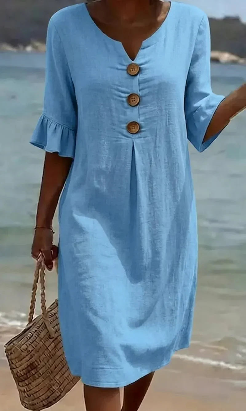 Vanesa | Linen dress with texture, puff sleeves, and buttons