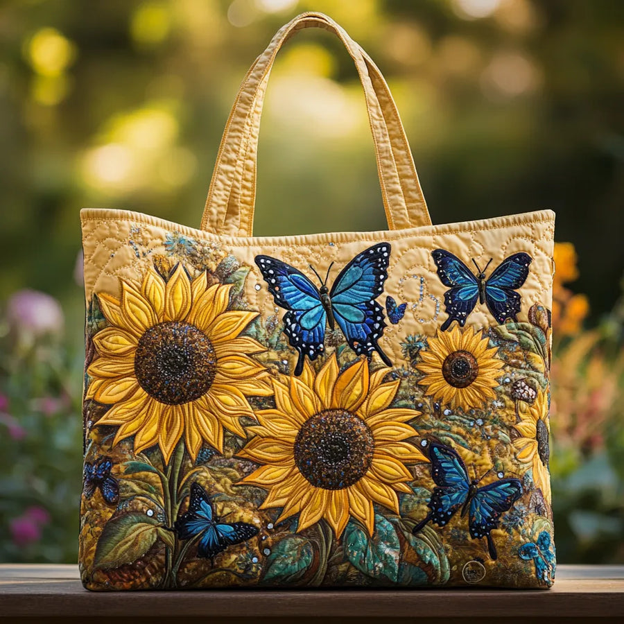 Artisanal Tote Bag Sunflowers and Blue Butterflies