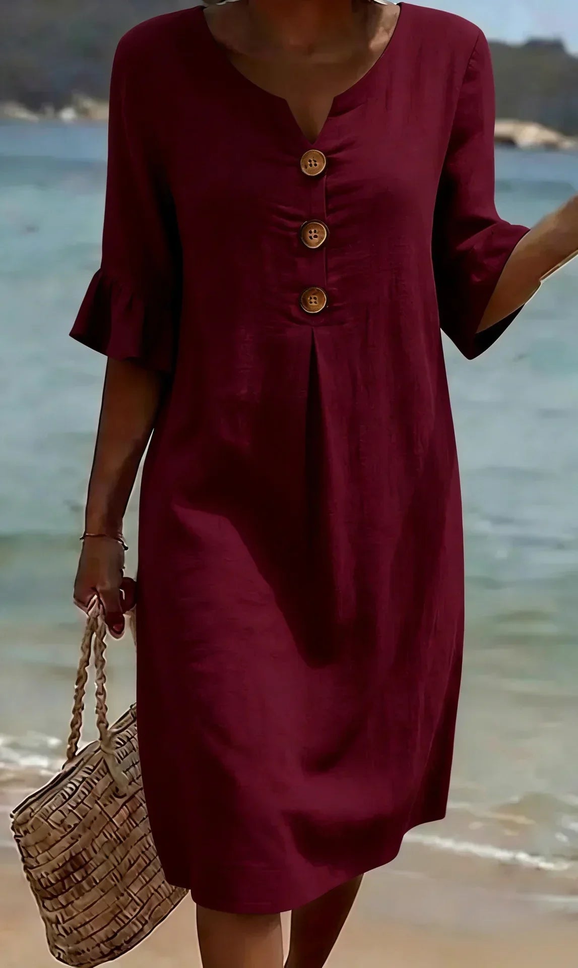 Vanesa | Linen dress with texture, puff sleeves, and buttons
