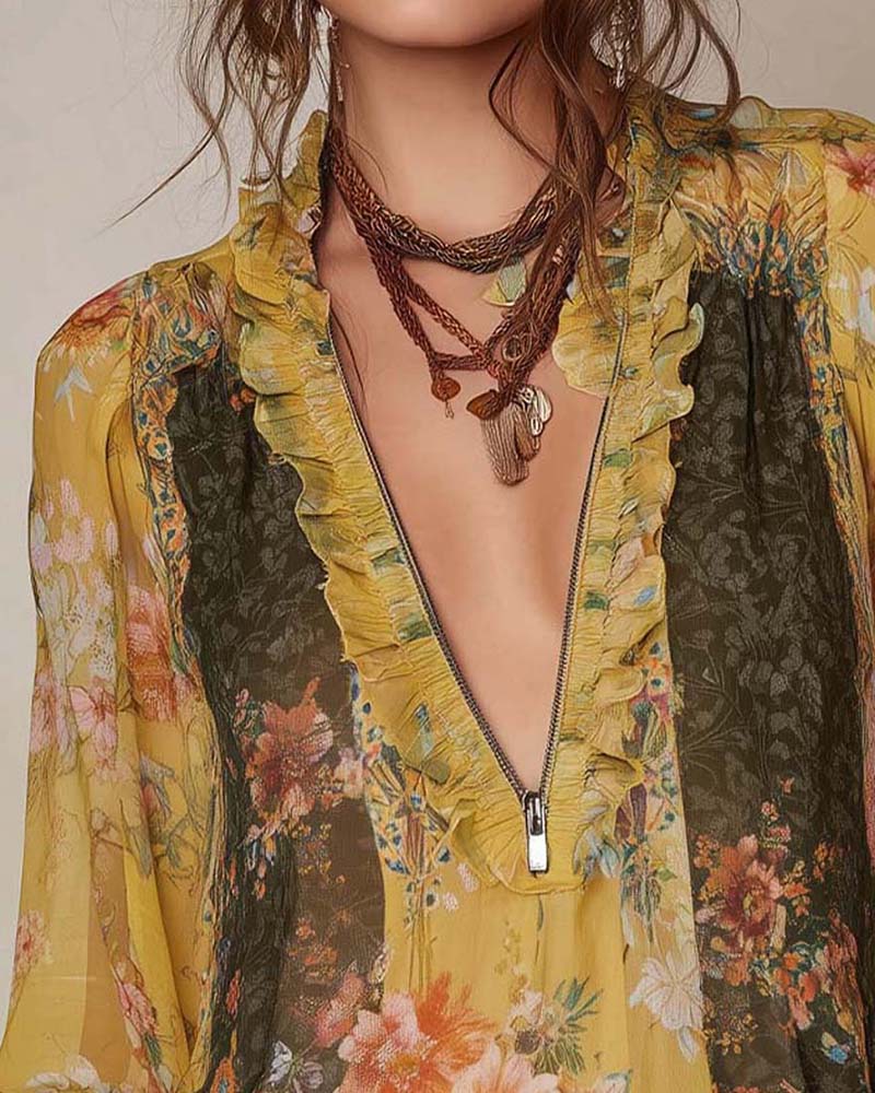 LILLIAN – ROMANTIC FLOWER BLOUSE WITH ZIPPER