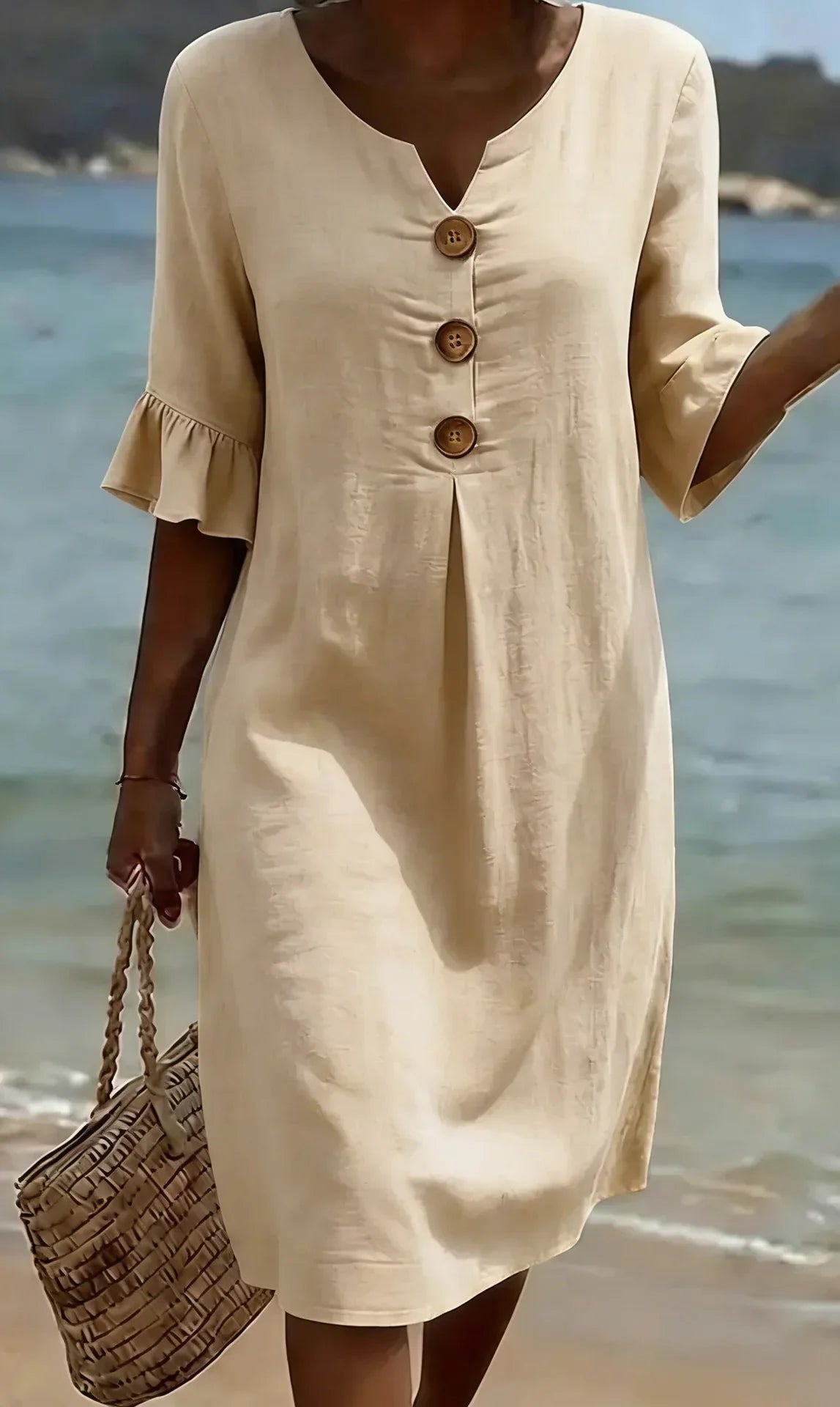 Vanesa | Linen dress with texture, puff sleeves, and buttons