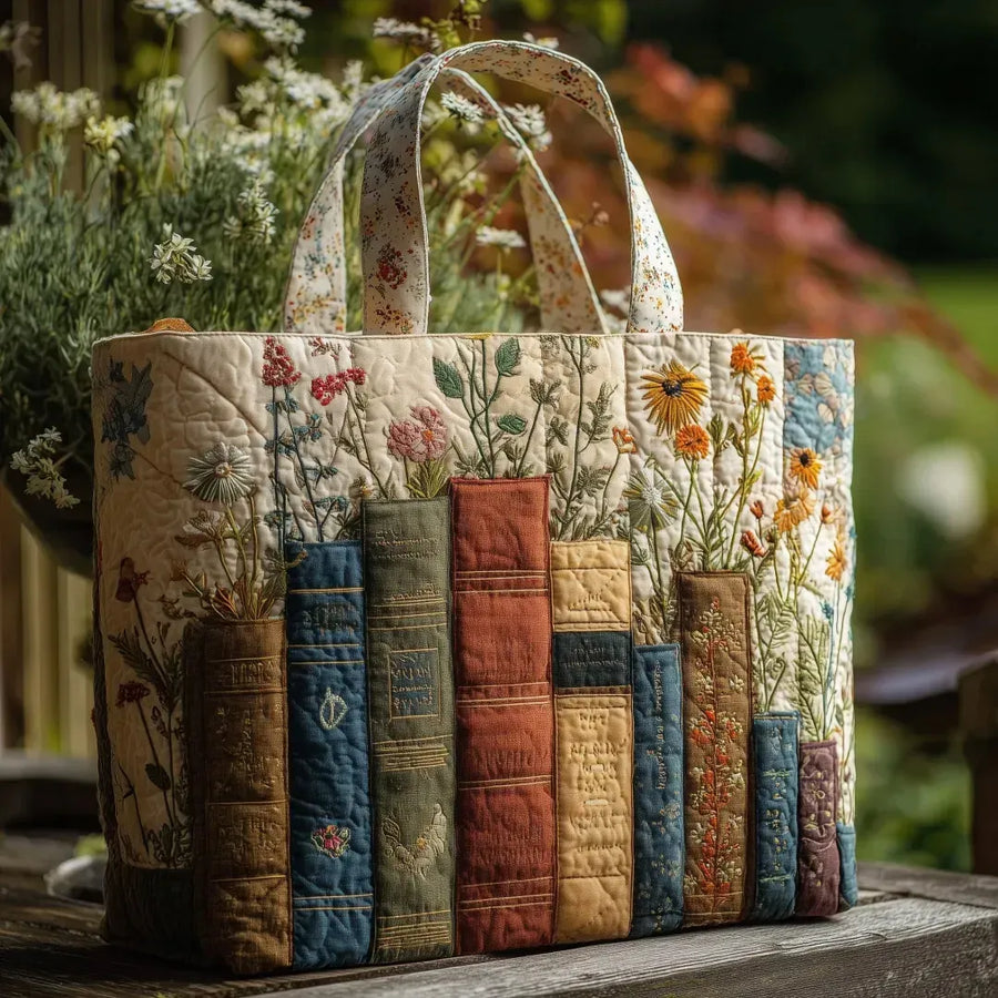Handmade Quilted Bag: Books and Flowers