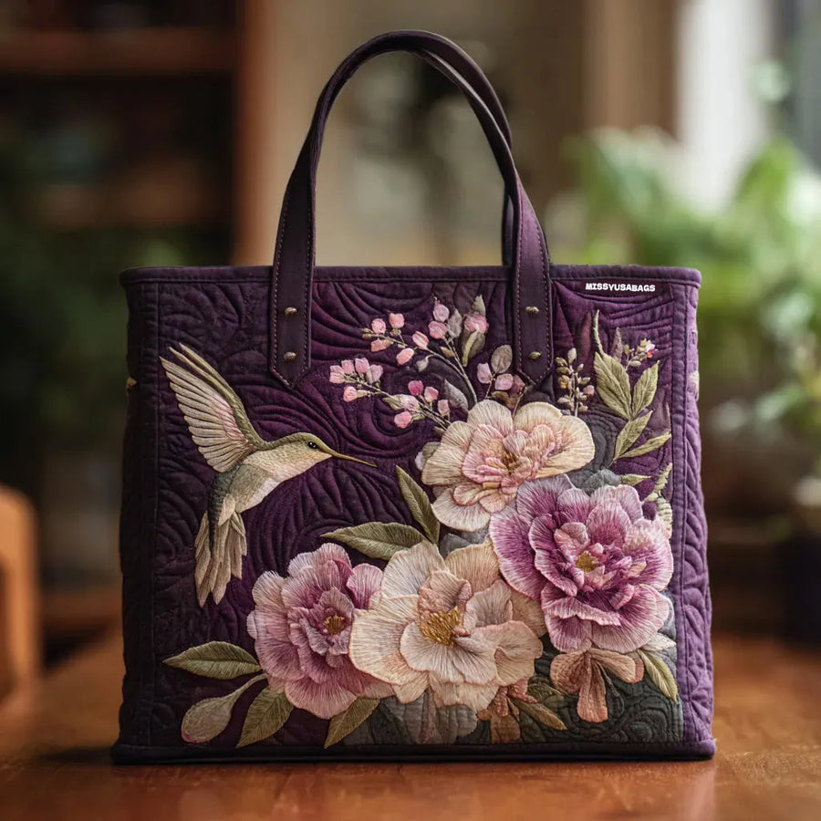 Artisan Quilted Tote Bag Purple with Hummingbirds and Orchids
