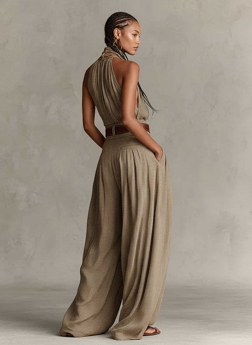 Women's Taupe Mixed Cotton Jumpsuit with American Collar and Wide Leg Silhouette, Timeless Boho-Elegant Style (Without Belt)
