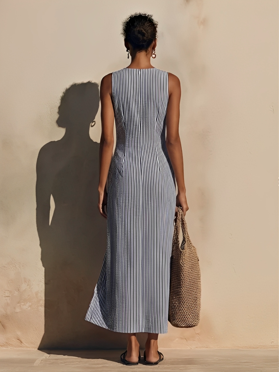 Blue-White Striped Maxi Cotton Dress for Women with Blazer Style and Double-Breasted Design, Timeless Casual Nautical Dress