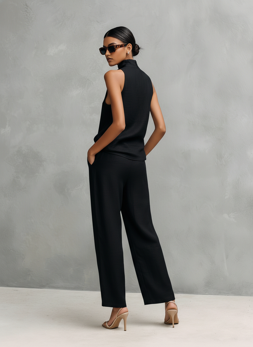 Women's Black Cotton and Linen Elegant Sleeveless Top and Pants Set