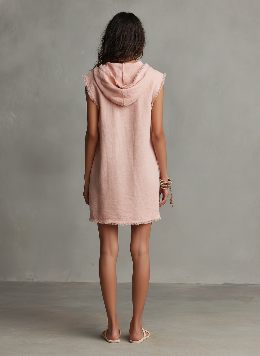Minimalist Mini Linen Blend Dress for Women — With Hood, Sleeveless, Raw Hem