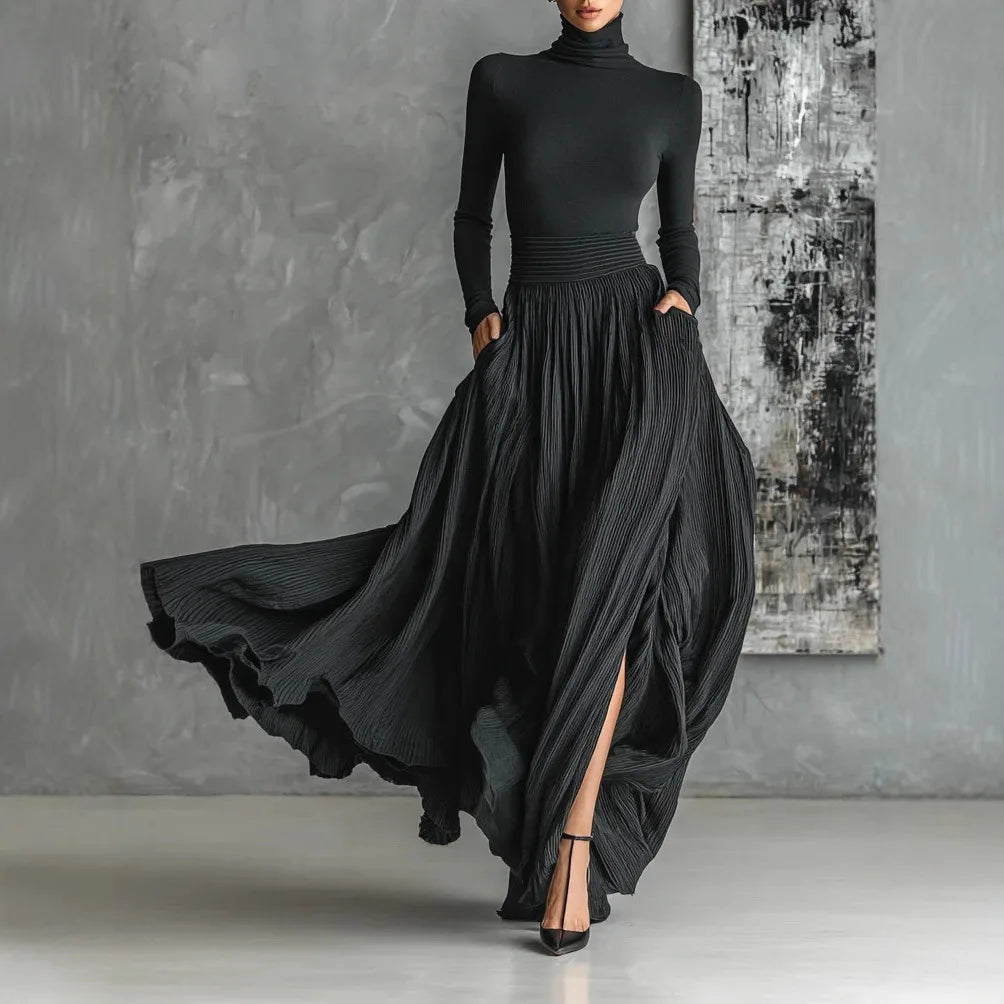 ALINA – ELEGANT HIGH-NECK FLOWY MAXI DRESS