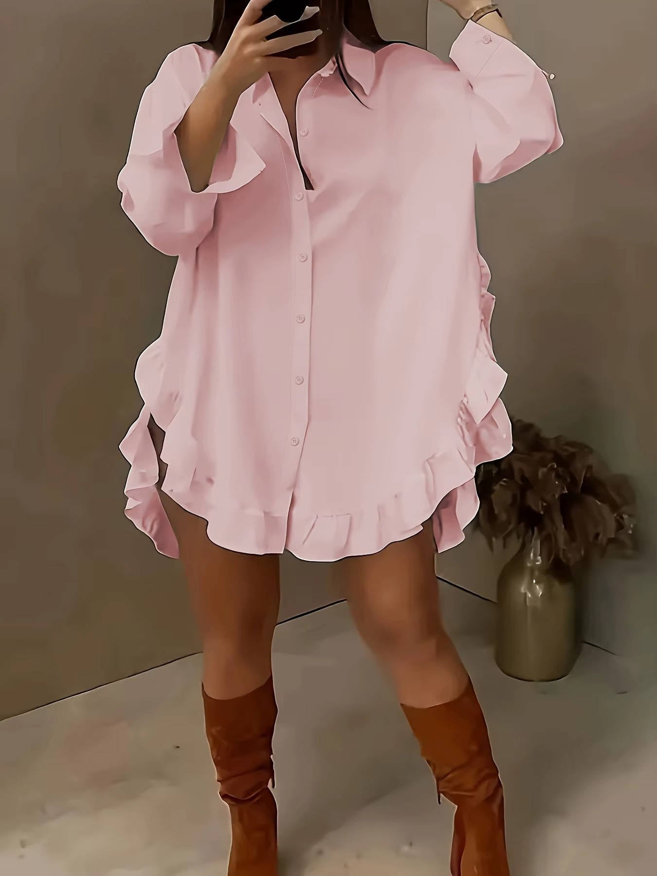 Women's Breathable Fabric Button Front Blouse | Relaxed Oversized Summer Top with Cascading Ruffle Trim