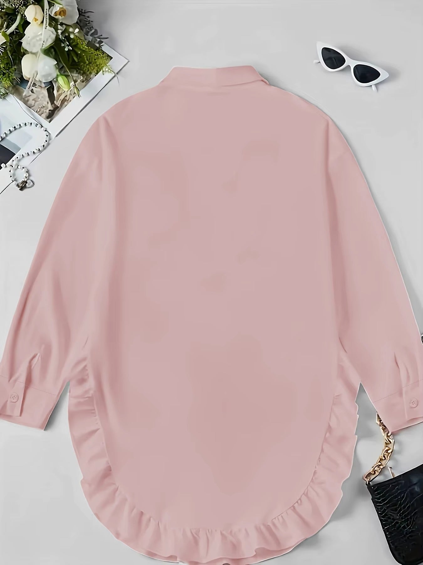 Women's Breathable Fabric Button Front Blouse | Relaxed Oversized Summer Top with Cascading Ruffle Trim
