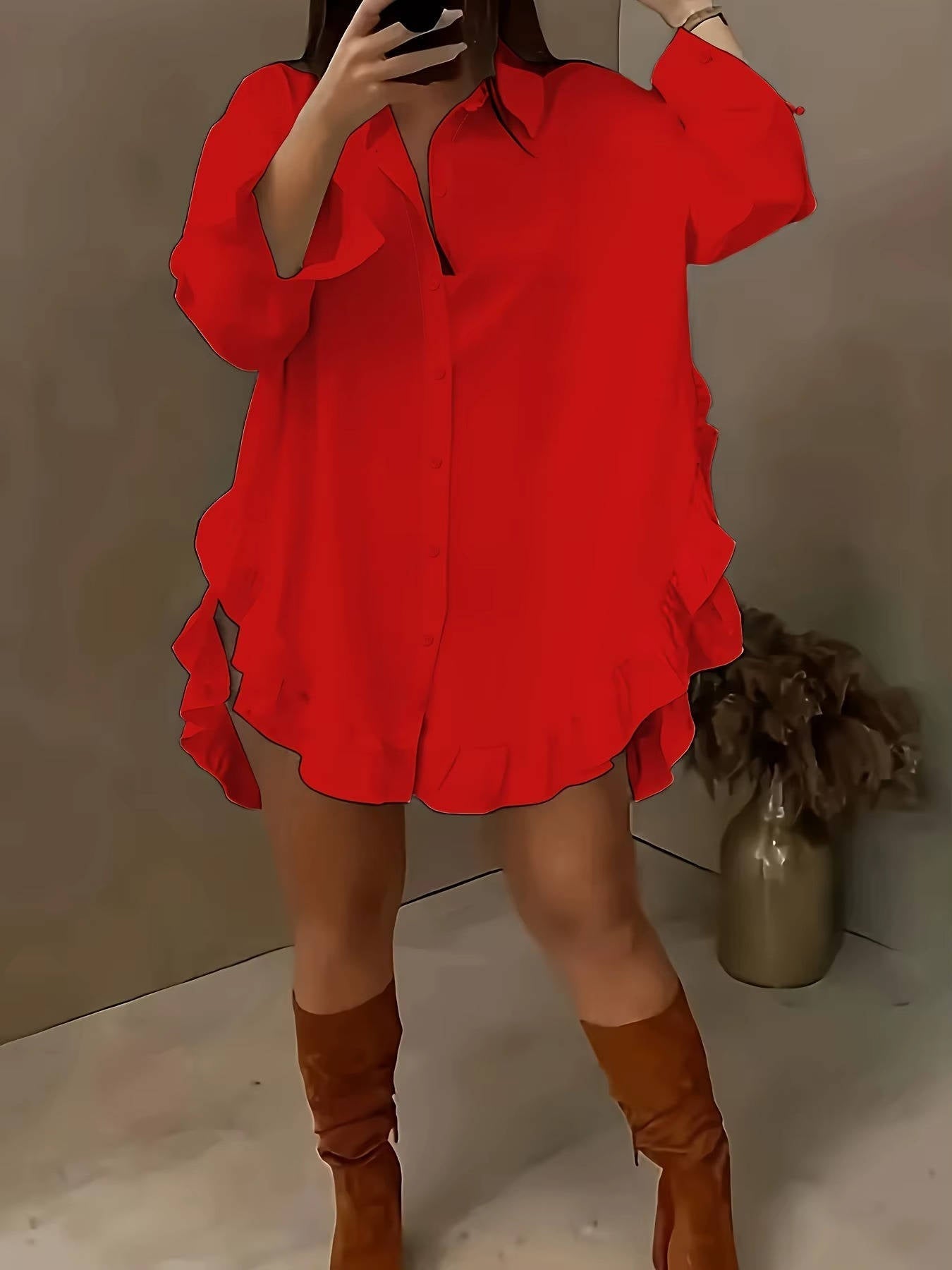Women's Breathable Fabric Button Front Blouse | Relaxed Oversized Summer Top with Cascading Ruffle Trim