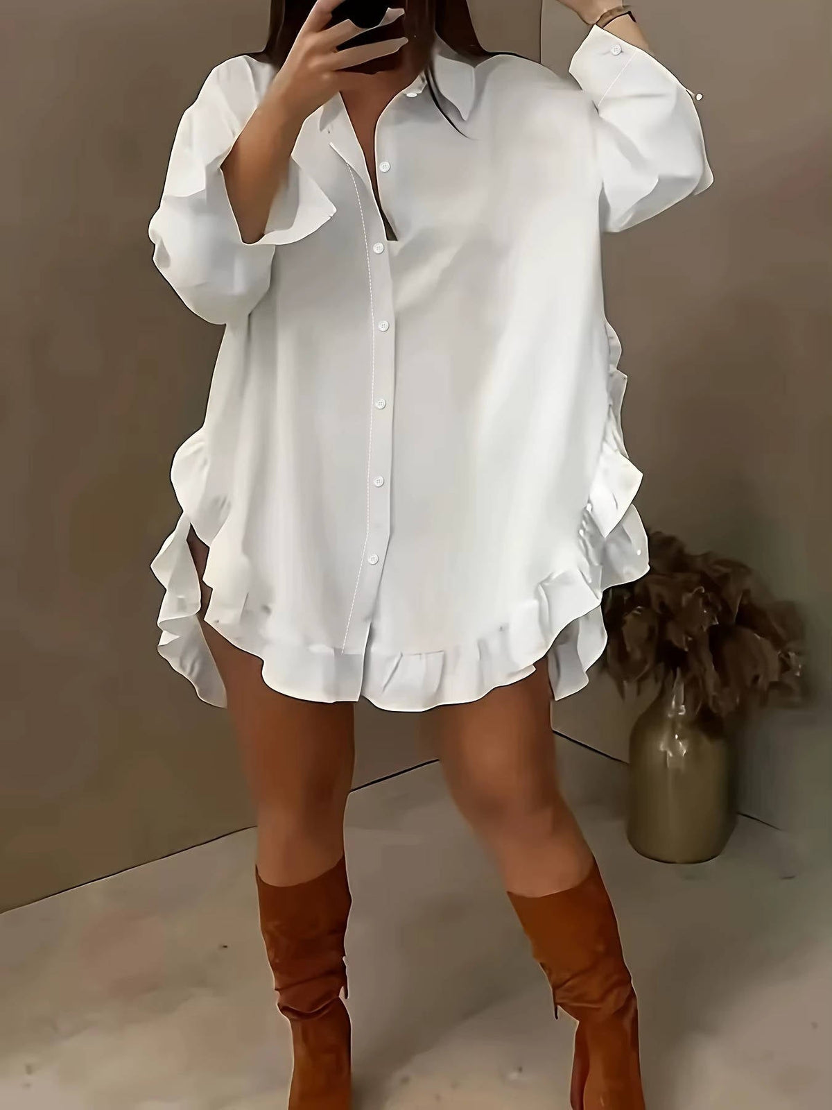 Women's Breathable Fabric Button Front Blouse | Relaxed Oversized Summer Top with Cascading Ruffle Trim
