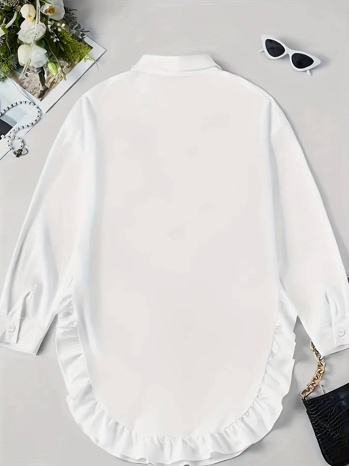 Women's Breathable Fabric Button Front Blouse | Relaxed Oversized Summer Top with Cascading Ruffle Trim