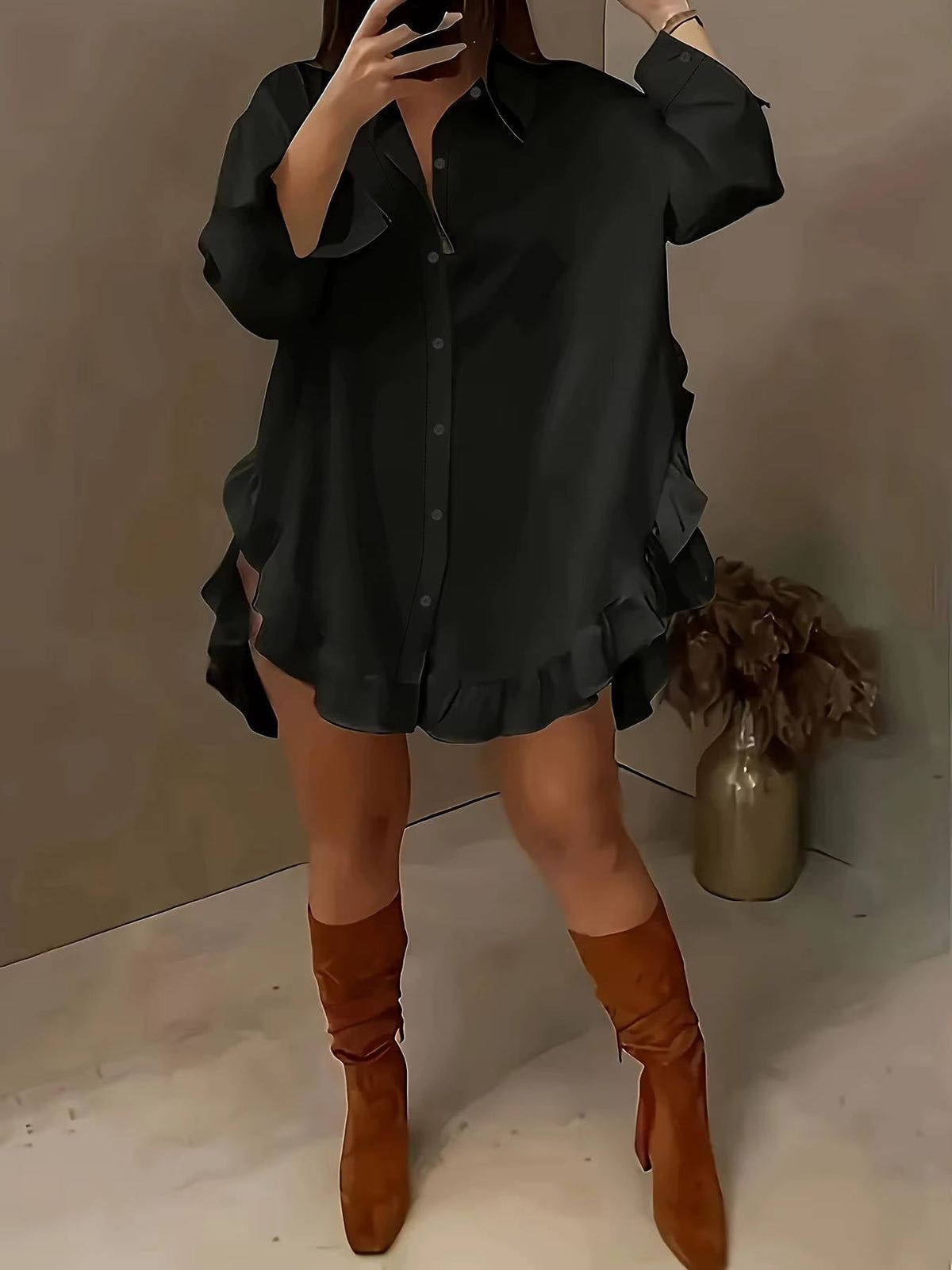Women's Breathable Fabric Button Front Blouse | Relaxed Oversized Summer Top with Cascading Ruffle Trim