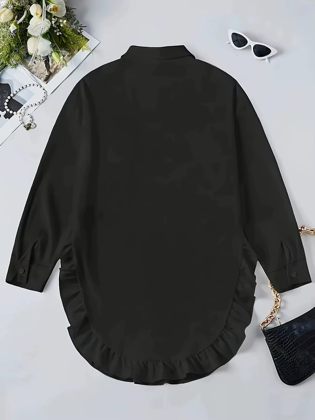 Women's Breathable Fabric Button Front Blouse | Relaxed Oversized Summer Top with Cascading Ruffle Trim