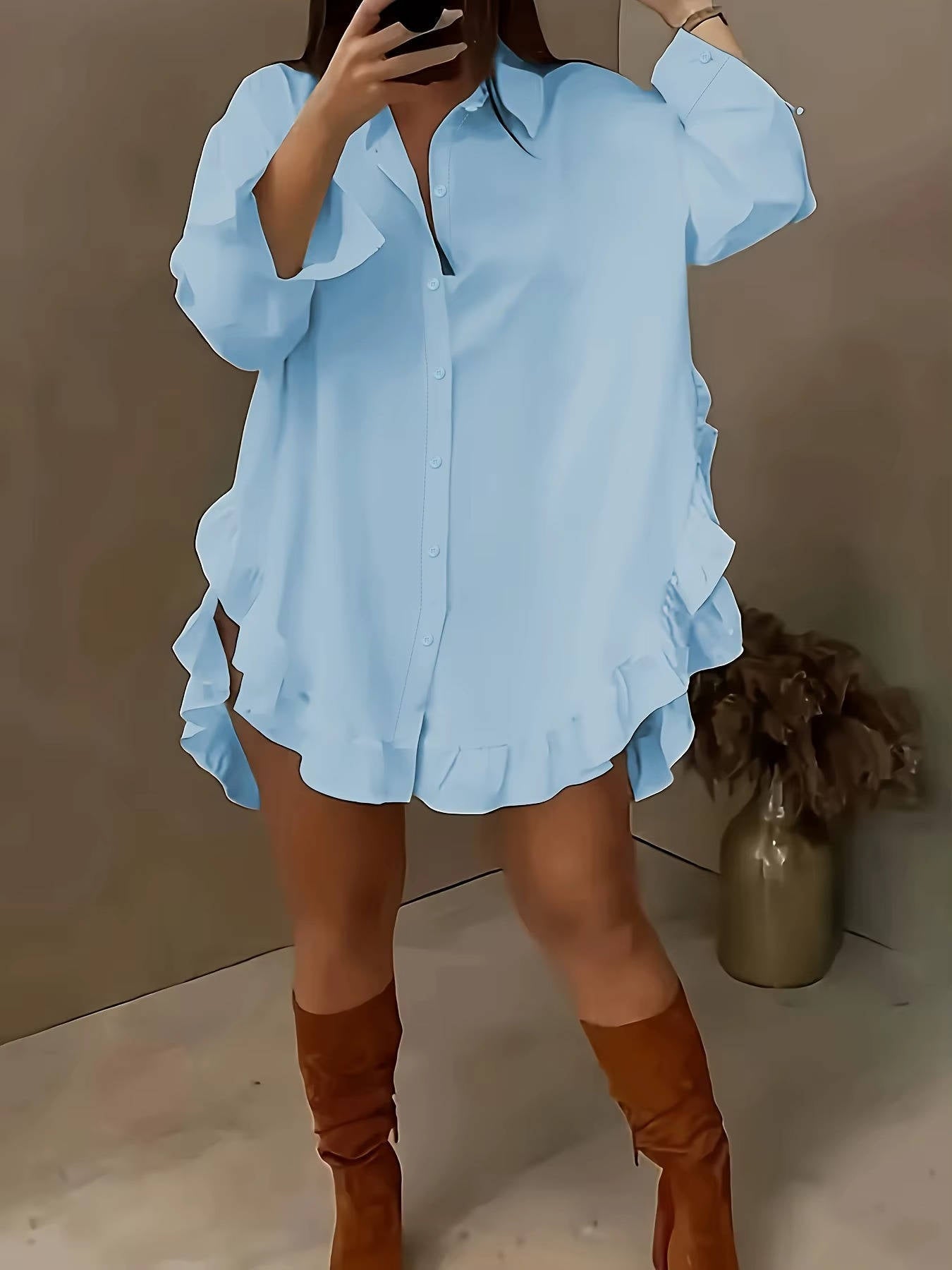 Women's Breathable Fabric Button Front Blouse | Relaxed Oversized Summer Top with Cascading Ruffle Trim
