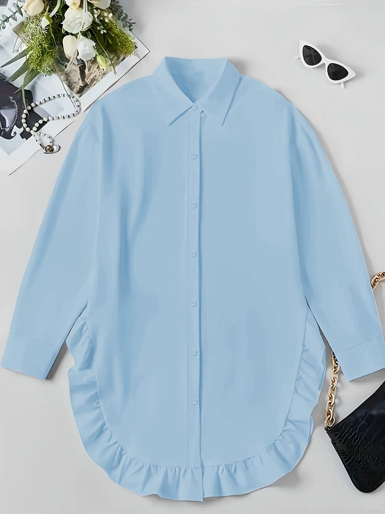 Women's Breathable Fabric Button Front Blouse | Relaxed Oversized Summer Top with Cascading Ruffle Trim