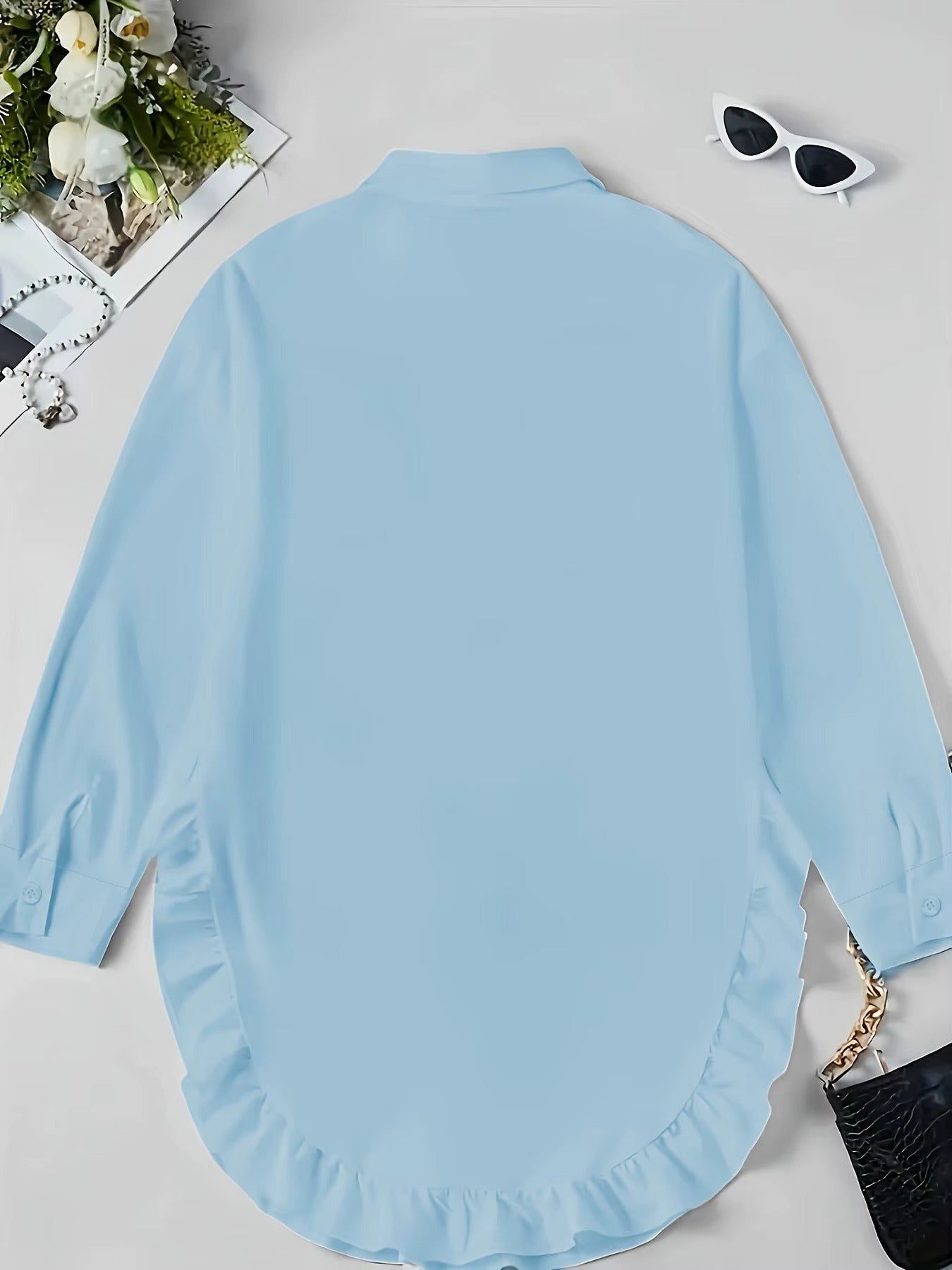 Women's Breathable Fabric Button Front Blouse | Relaxed Oversized Summer Top with Cascading Ruffle Trim