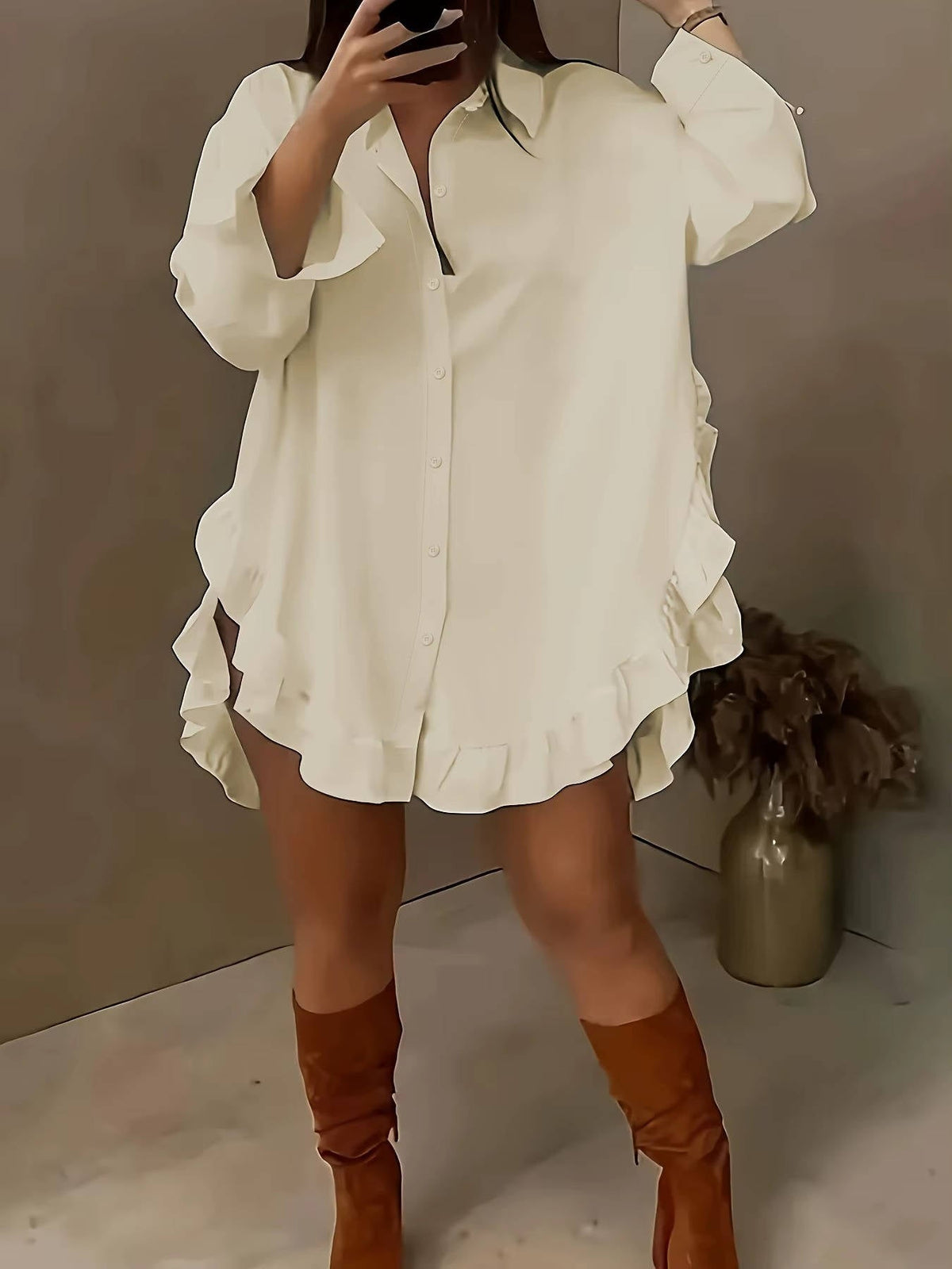 Women's Breathable Fabric Button Front Blouse | Relaxed Oversized Summer Top with Cascading Ruffle Trim