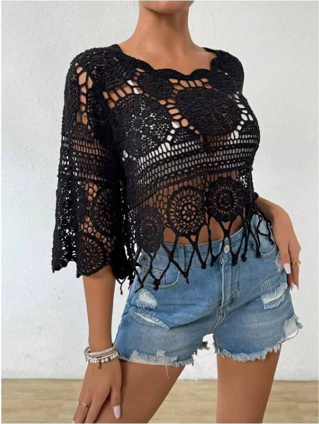 Women's Crochet Lace Beach Cover Up | Lightweight Boho Swimsuit Layering Top