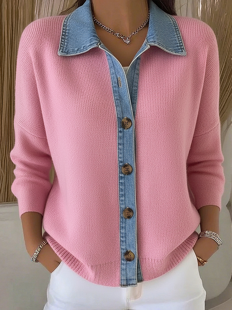 Knit Cardigan with Polo Collar and Denim Patches, with Buttons