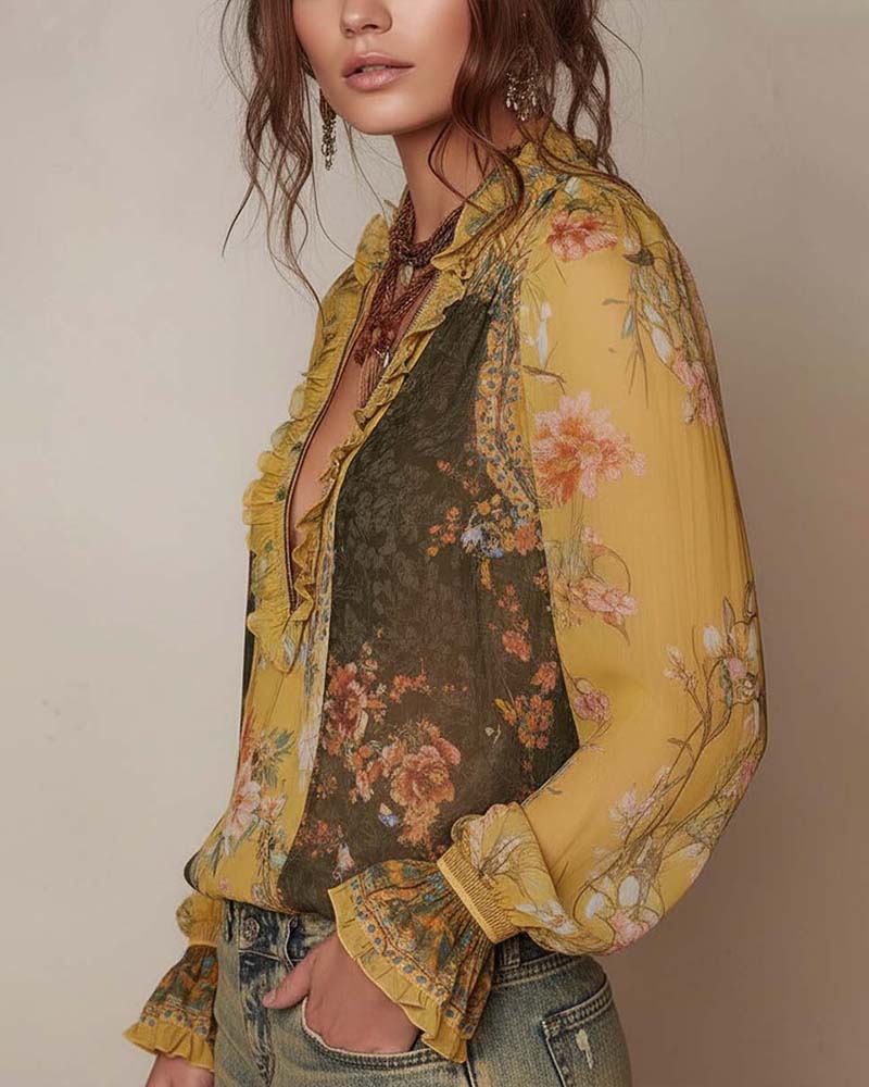 LILLIAN – ROMANTIC FLOWER BLOUSE WITH ZIPPER