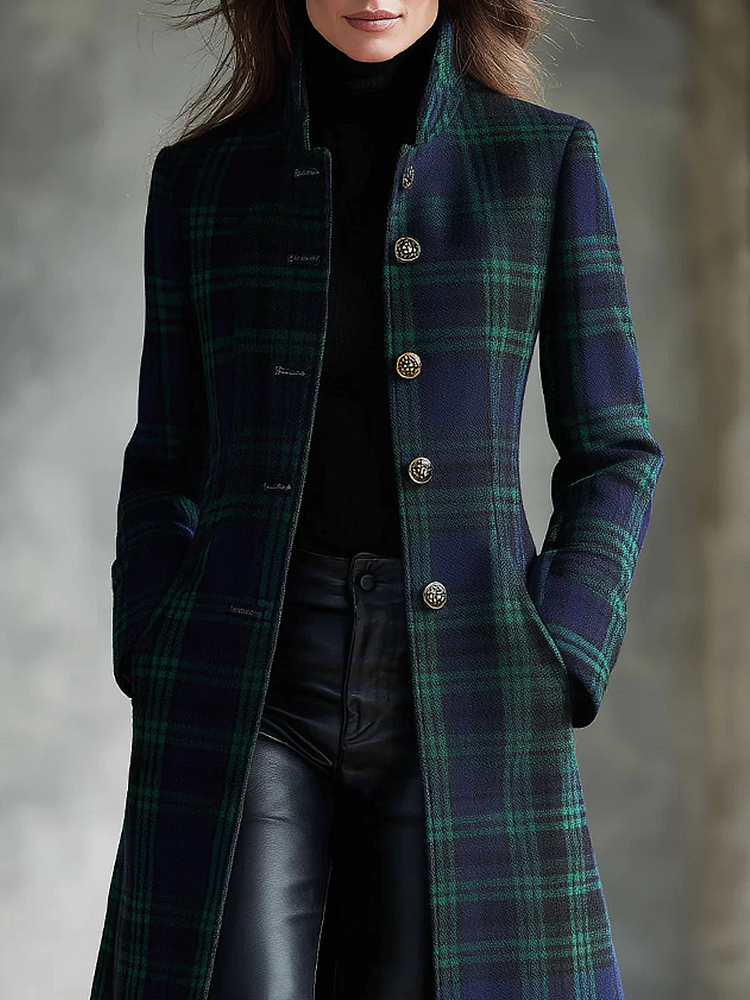 Retro blue-green checkered midi jacket with color blocks