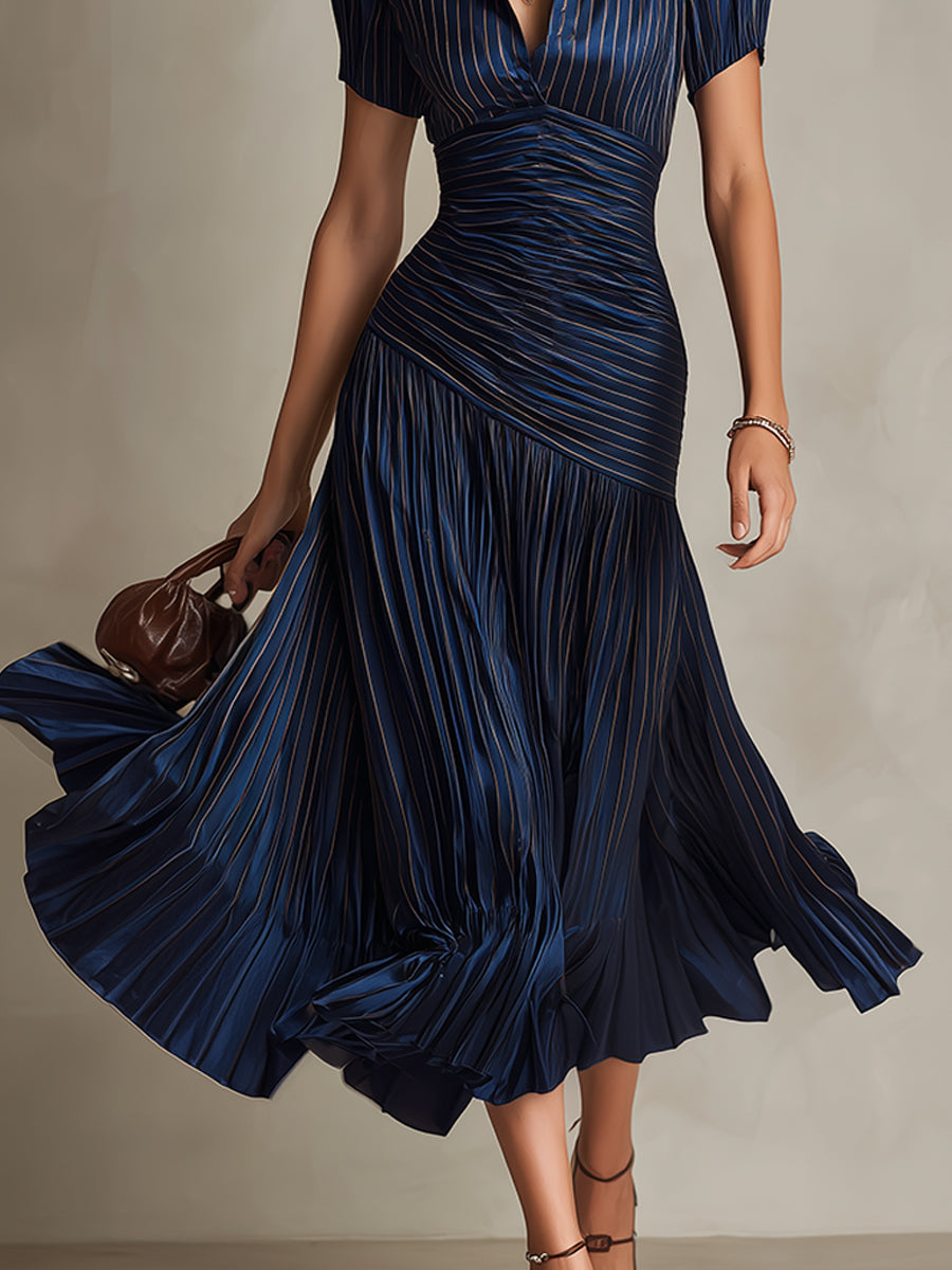 Adriana - Retro Striped Satin Midi Dress