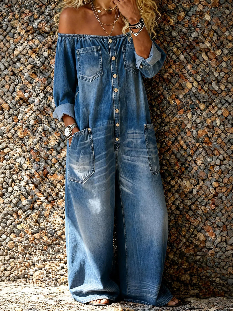 Noa | Denim Overalls with Off-Shoulder Neckline