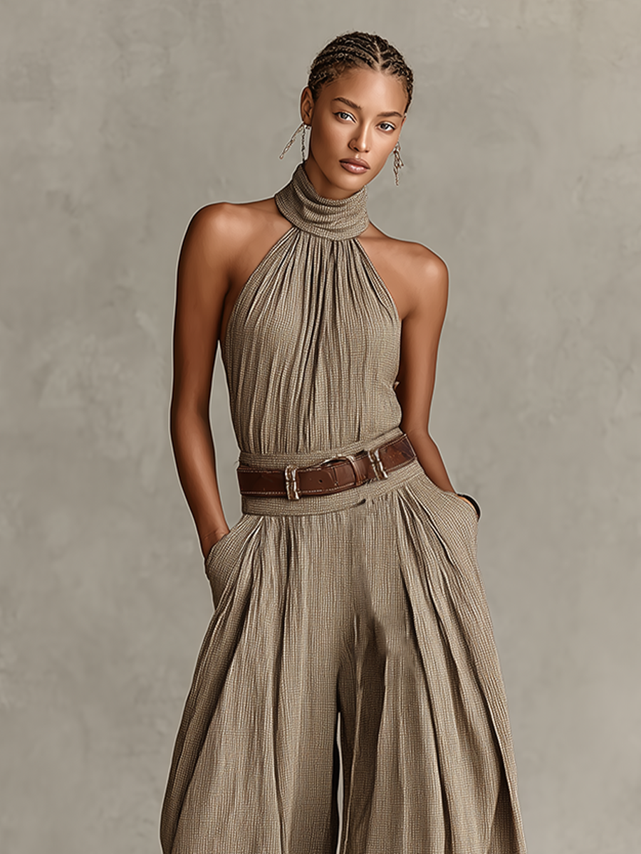 Women's Taupe Mixed Cotton Jumpsuit with American Collar and Wide Leg Silhouette, Timeless Boho-Elegant Style (Without Belt)