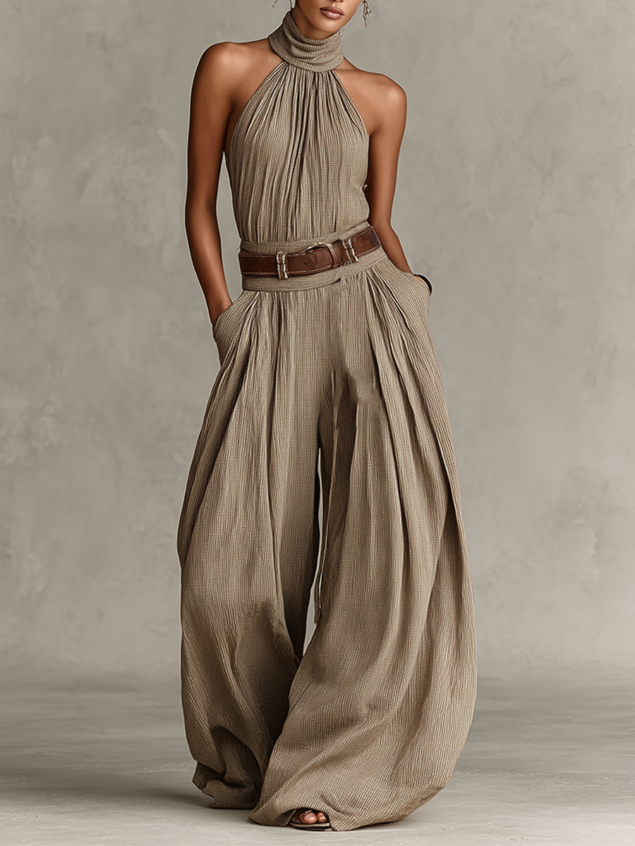 Women's Taupe Mixed Cotton Jumpsuit with American Collar and Wide Leg Silhouette, Timeless Boho-Elegant Style (Without Belt)