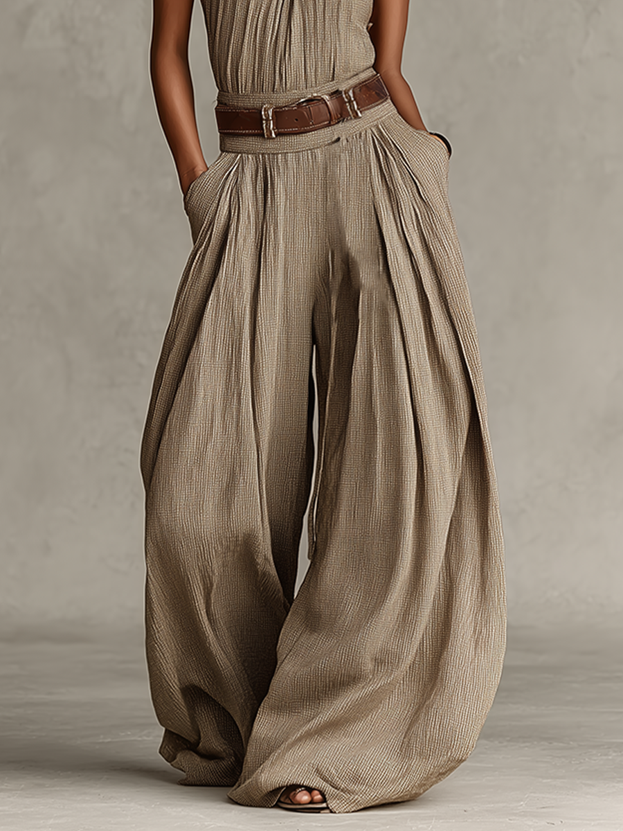 Women's Taupe Mixed Cotton Jumpsuit with American Collar and Wide Leg Silhouette, Timeless Boho-Elegant Style (Without Belt)