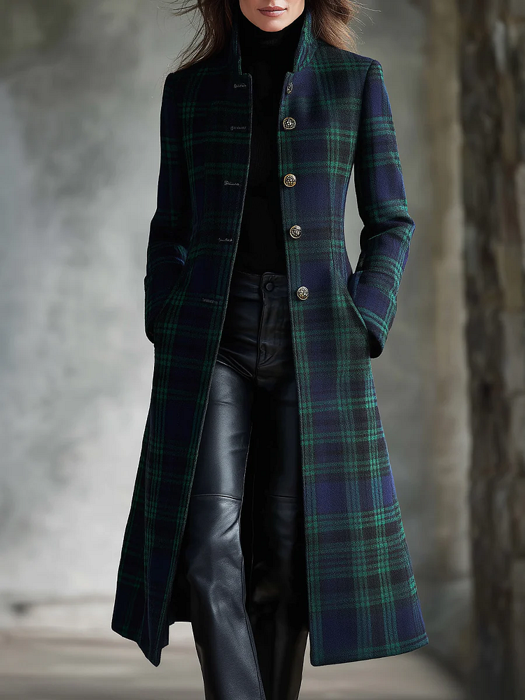 Retro blue-green checkered midi jacket with color blocks