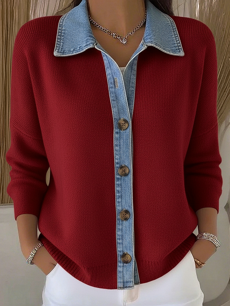 Knit Cardigan with Polo Collar and Denim Patches, with Buttons