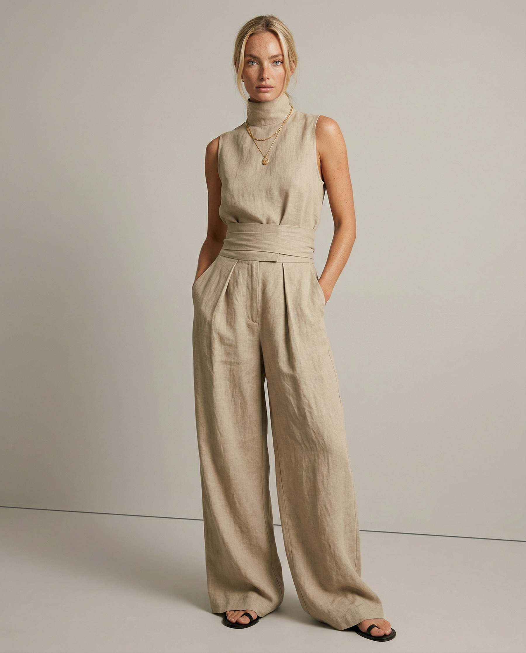 Linen Blend Mock Neck Trouser Set