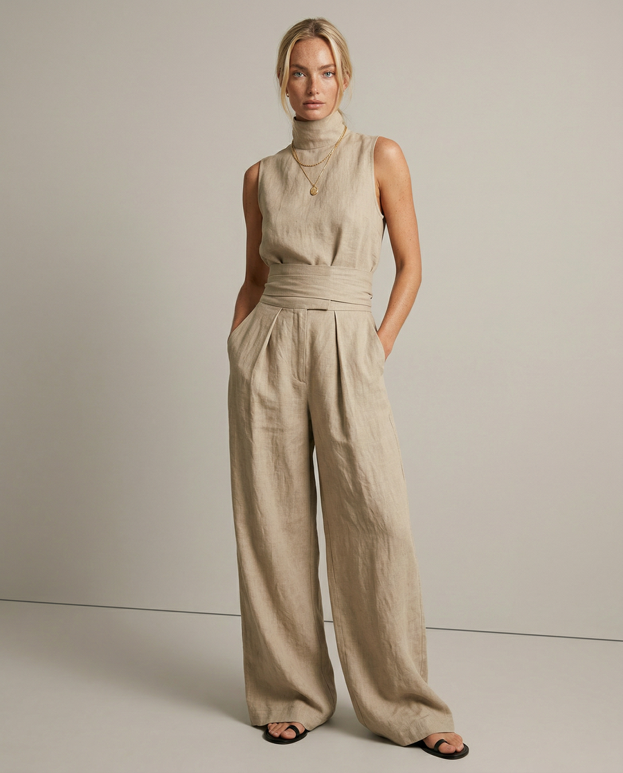 Linen Blend Mock Neck Trouser Set
