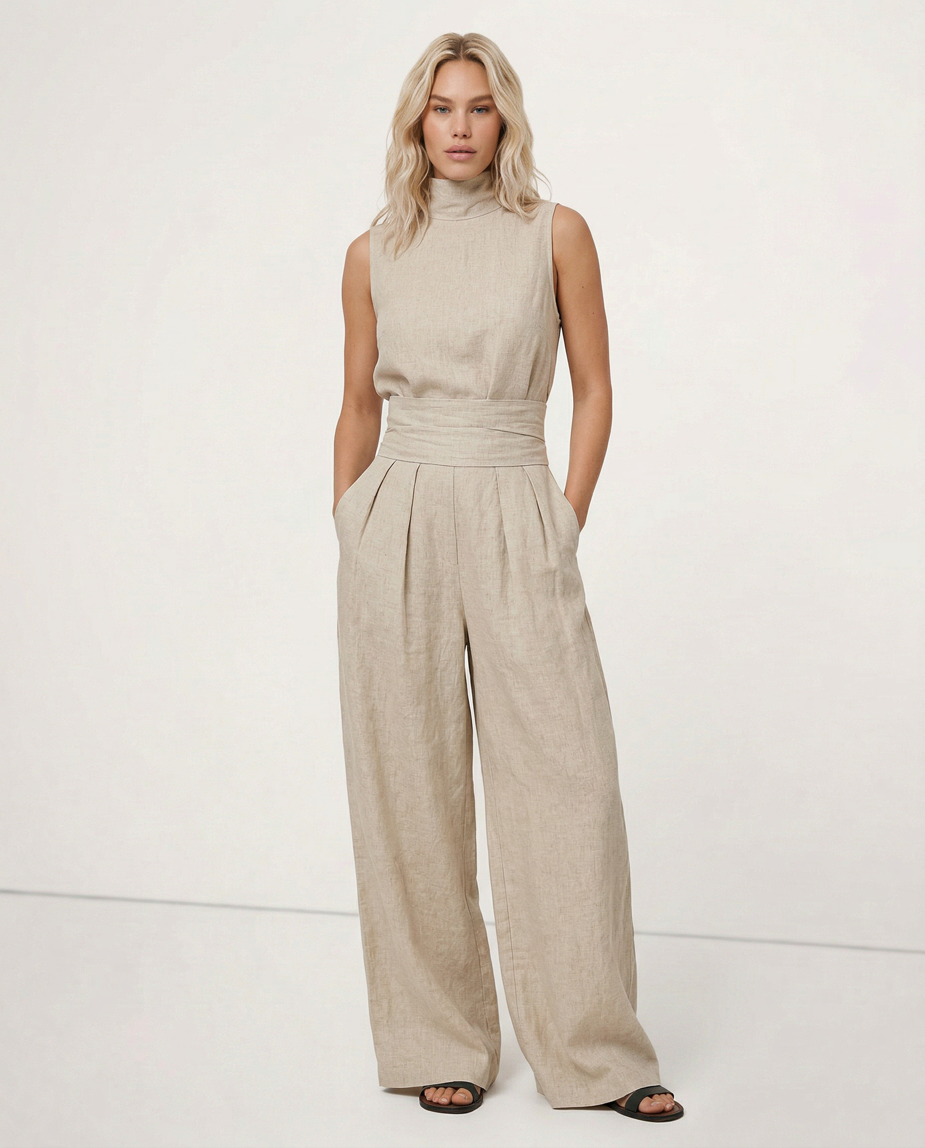 Linen Blend Mock Neck Trouser Set