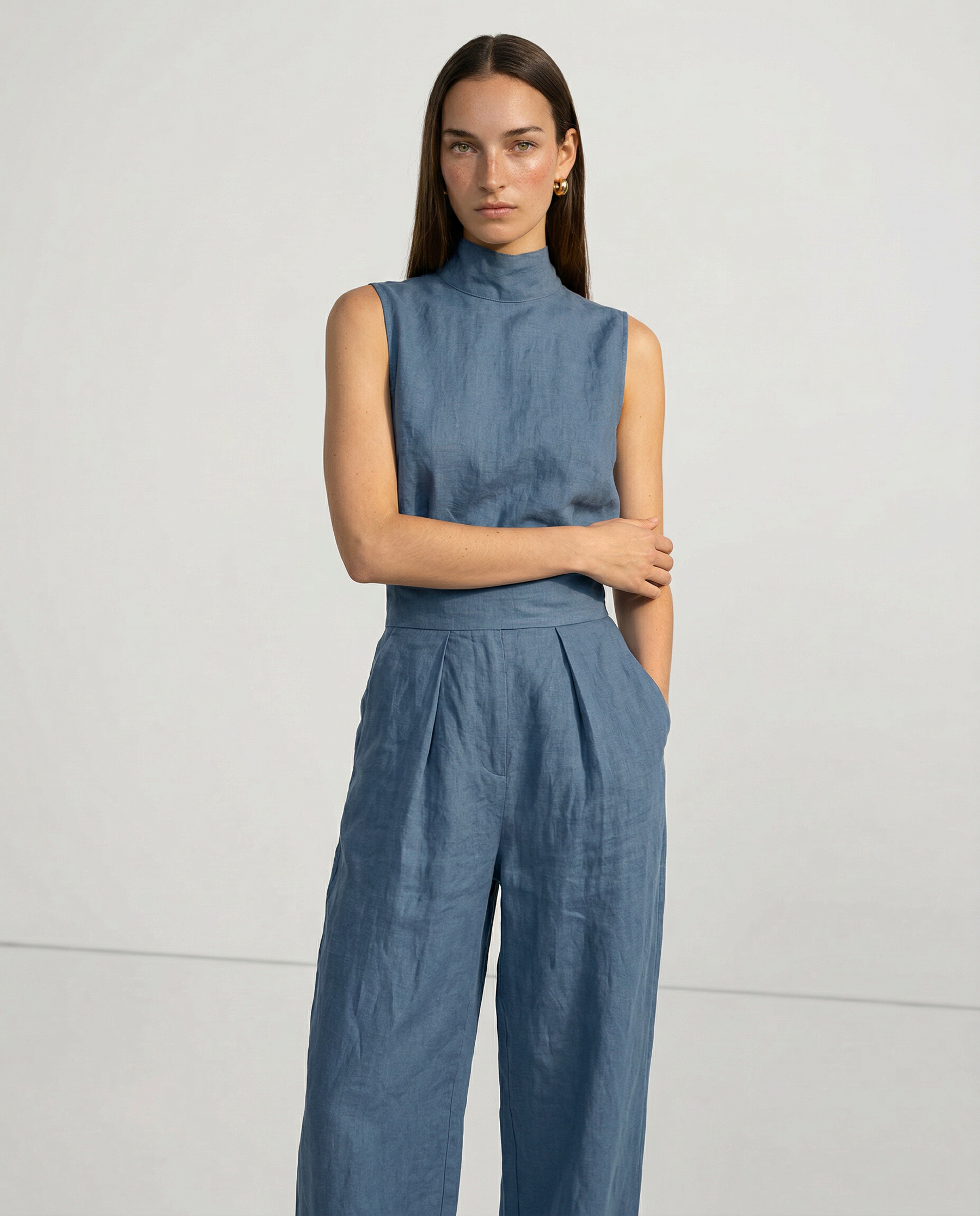Linen Blend Mock Neck Trouser Set